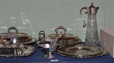 Lot 92 - A quantity of electro-plate including a claret jug, three entree dishes, two sauceboats and a...