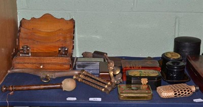 Lot 93 - A Victorian walnut stationery rack, a papier mache snuffers tray, a quantity of papier mache...