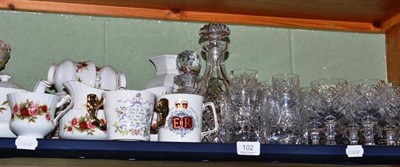 Lot 102 - A quantity of cut glass, a Paragon 'English Rose' tea set, two Spanish figures, stamps, etc