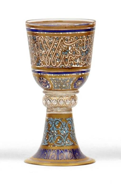 Lot 47 - A Lobmeyer Glass Goblet, 19th century, the ovoid bowl enamelled and gilt with Islamic script within
