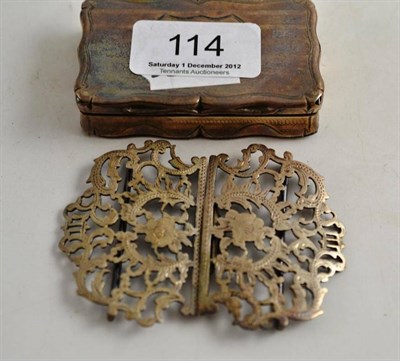 Lot 114 - Silver snuff box (a.f.) and a silver belt buckle (2)