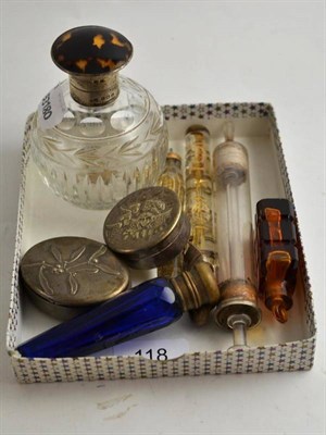 Lot 118 - Silver mounted cut glass scent bottle and stopper, blue glass scent phial, four others, boxes etc