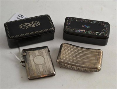 Lot 119 - Two papier mache snuff boxes, a silver vesta case and a small shaped snuff box