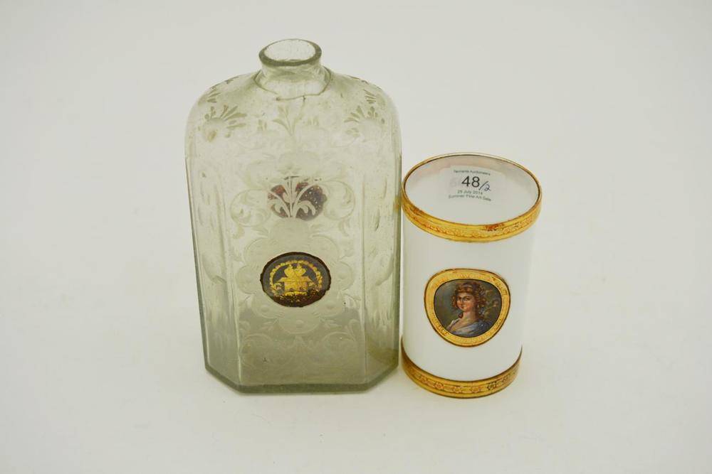 Lot 48 - An Austrian Opaque White Cylindrical Vase, set with a roundel, painted with a bust portrait of...