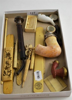 Lot 127 - Ivory box and cover, Stanhope viewer modelled as a parasol, silver mounted Meerschaum pipe etc