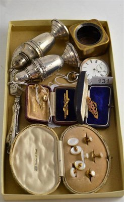 Lot 131 - Sterling pepperettes, Continental pocket watch, cased mother of pearl studs, bar brooches etc