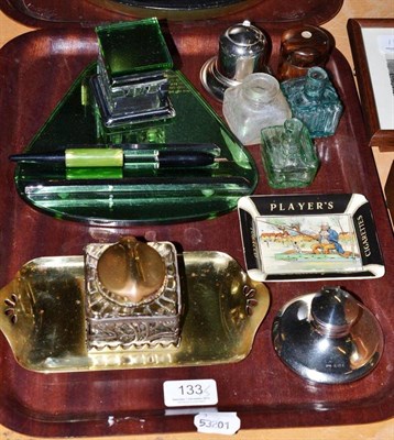 Lot 133 - An Art Nouveau brass inkwell/stand, an Art Deco inkstand, a silver inkwell, five others, a pin dish