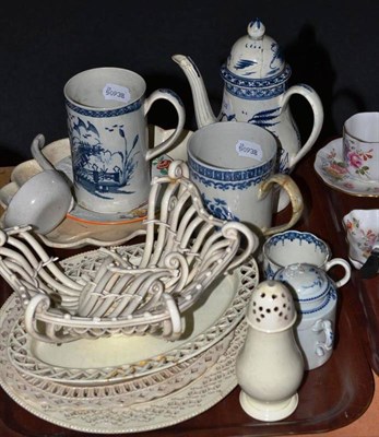 Lot 148 - Quantity of ceramics including creamware pierced plate, three dishes, ladle, castor and basket...