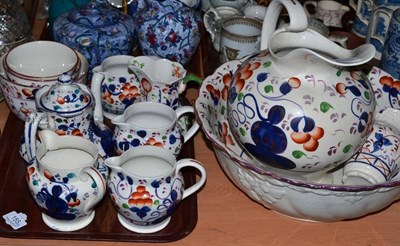 Lot 155 - Allerton style three piece wash set and a tray of assorted jugs, teapot and sugar bowls