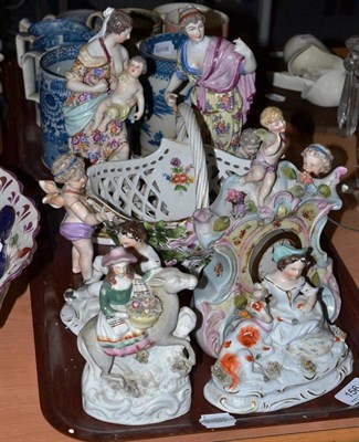 Lot 156 - A collection of Continental and other porcelain including a pair of figures, fruit basket,...