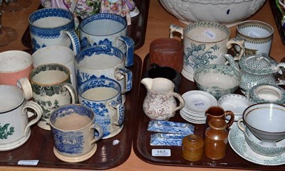 Lot 157 - Sundry 19th century pottery including eleven mugs, pair of blue printed knife rests, redware...