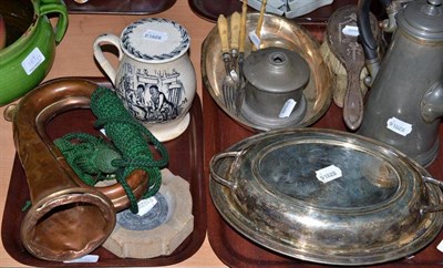 Lot 166 - Two silver brushes, a plated entree dish, a pewter coffee pot, a honey pot depicting Sambo's...