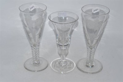 Lot 170 - Commemorative glass, Coronation 1953, Thomas Goode and two 'Fiat' wine glasses in Jacobite style