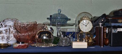 Lot 188 - Edwardian mahogany mantel clock, tea set, cameras, etc (on a shelf)