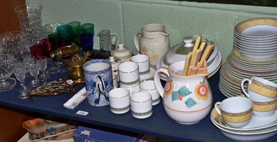 Lot 190 - Brass jam pan, copper kettle, coloured drinking glasses and decorative ceramics