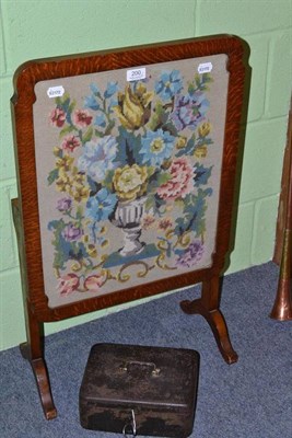 Lot 200 - 1920s oak and tapestry inset combination firescreen/table and a strong box (2)