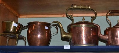 Lot 201 - A good Victorian copper and brass kettle, another, a trivet, pan, measure and a pine plate rack