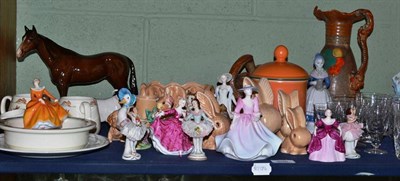 Lot 206 - A collection of decorative ceramics including Beswick, Doulton, Sylvac, Bunnykins etc (on a shelf)