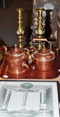 Lot 211 - A pair of brass candlesticks, two copper kettles, brass spirit level and a Grand Lodge certificate