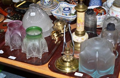 Lot 216 - Two trays of glass shades and lamp bases