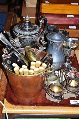 Lot 220 - A tray of silver plate including a three piece tea set, three cases of flatware and an empty case