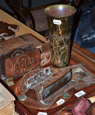 Lot 222 - A tray of Arts & Crafts brass and copper including Keswick vase, pipe rack, letter rack etc