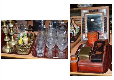 Lot 225 - Three trays including facet cut goblets, decanters, lacquer boxes, thermometers, brass...