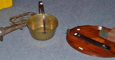 Lot 232 - Brass reserve pan, a mahogany tray, a camera, rule and a trombone