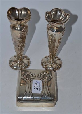 Lot 239 - An Art Nouveau silver cigarette box and a pair of Art Nouveau silver bud vases