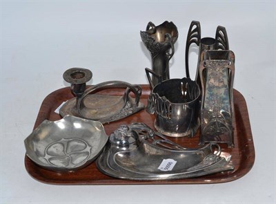 Lot 256 - A tray of WMF items including inkwell, bud vases, chamberstick etc