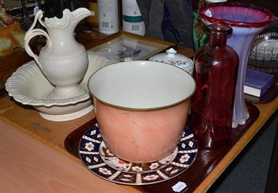 Lot 261 - Royal Crown Derby plate, pink Vaseline vase, prints, Leeds jug and basin and a Minton tea pot