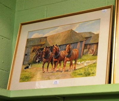 Lot 274 - Watercolour of three heavy horses by D M & E M Alderson, dated 1972