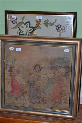 Lot 289 - Framed needlework depicting an exotic bird and tapestry depicting children (2)