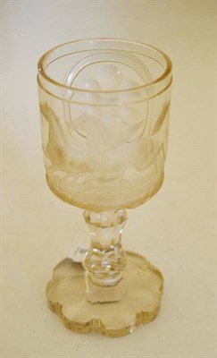 Lot 65 - A Bohemian Glass Goblet, 19th century, the cylindrical bowl engraved with two galloping horses, the