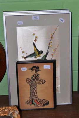 Lot 293 - Two watercolours depicting Japanese figures and three framed silk work pictures