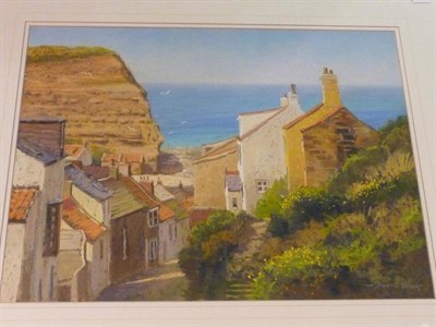 Lot 351 - David Allen RSMA (b.1945) ";Staithes in Summer"; Signed, inscribed and dated 2002 on label...