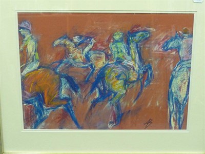 Lot 356 - Alisdair Banks (20th/21st century contemporary) Racehorses with jockeys up Initialled, pastel,...