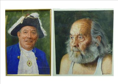 Lot 357 - John A Blakey (b.1952) John Todd, Masham Town Crier Man in vest Watercolour, 39cm by 26.5cm and...