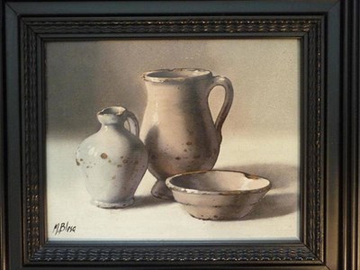 Lot 358 - Manuel Blesa (b.1945) Still life of Delft jugs and bowl Signed, oil on board, 17.5cm by 22.5cm