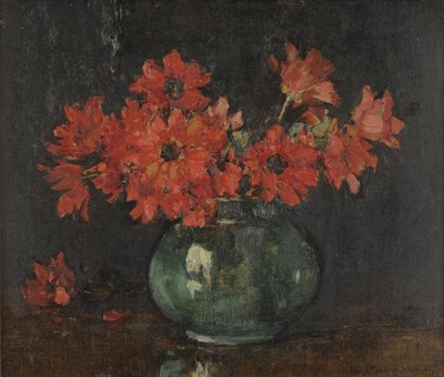 Lot 362 - Owen Bowen ROI, PRCamA (1873-1967)  Red Anemones Signed and indistinctly dated, oil on canvas, 29cm