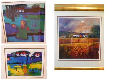 Lot 365 - Davy Brown (b.1950) Cottages beside a field Signed and numbered 16/875, 58cm by 57cm After...