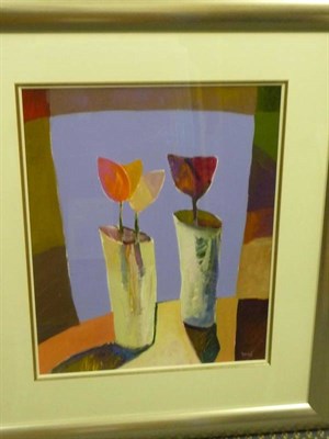 Lot 366 - Downe Burns (b.1965) American Still life of tulips Signed, acrylic on paper, 54cm by 44cm