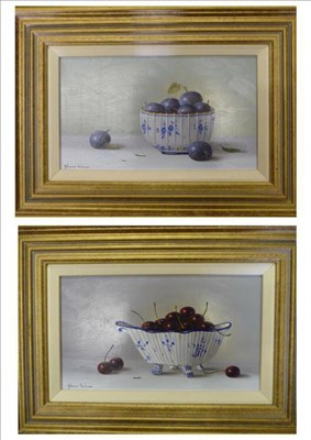 Lot 377 - Johannes Eerdmans (b.1950) Still life of plums in a bowl; Still life of cherries in a bowl Both...