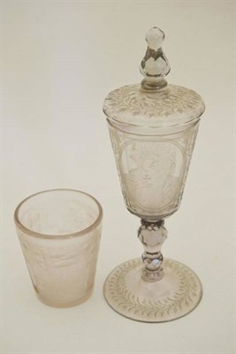 Lot 69 - A German Glass Goblet and Cover, mid 18th century, with faceted knop, the panelled bucket...