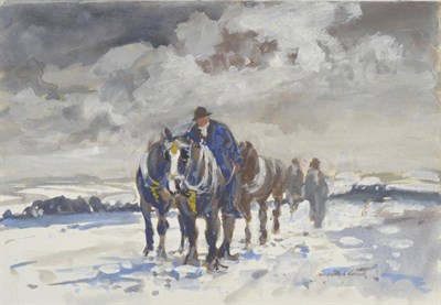 Lot 387 - William Norman Gaunt FIAL, NDD (1918-2001) Leading Horses Through The Snow Signed, watercolour...