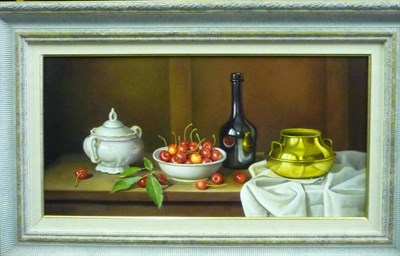 Lot 395 - Andras Gombar (b.1946) Still life with cherries Signed, oil on board, 28.5cm by 58.5cm