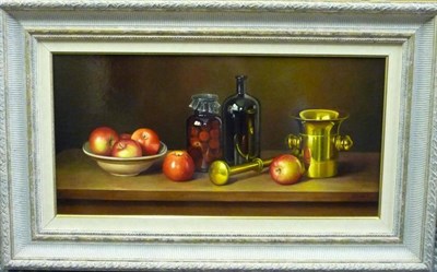 Lot 396 - Andras Gombar (b.1946) Still life with apples Signed, oil on board, 28.5cm by 58.5cm