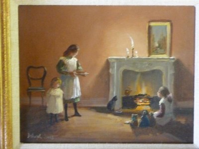 Lot 405 - Deborah Jones (b.1921) Interior scene with children beside a fireplace Signed, oil on board,...