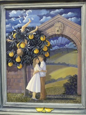 Lot 406 - David Kirk (b.1960) The Pear Tree Signed, acrylic on canvas in a hand painted frame, 49cm by 39cm