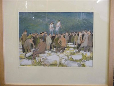 Lot 410 - Myfanwy Kitchin (1917-2002) Figures at a livestock sale Signed, pencil, watercolour and pastel,...